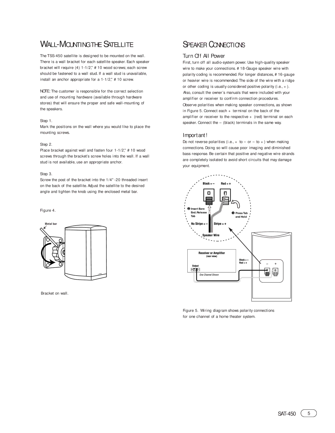 Infinity SAT-450 OM manual WALL-MOUNTING the Satellite Speaker Connections, Turn Off All Power 