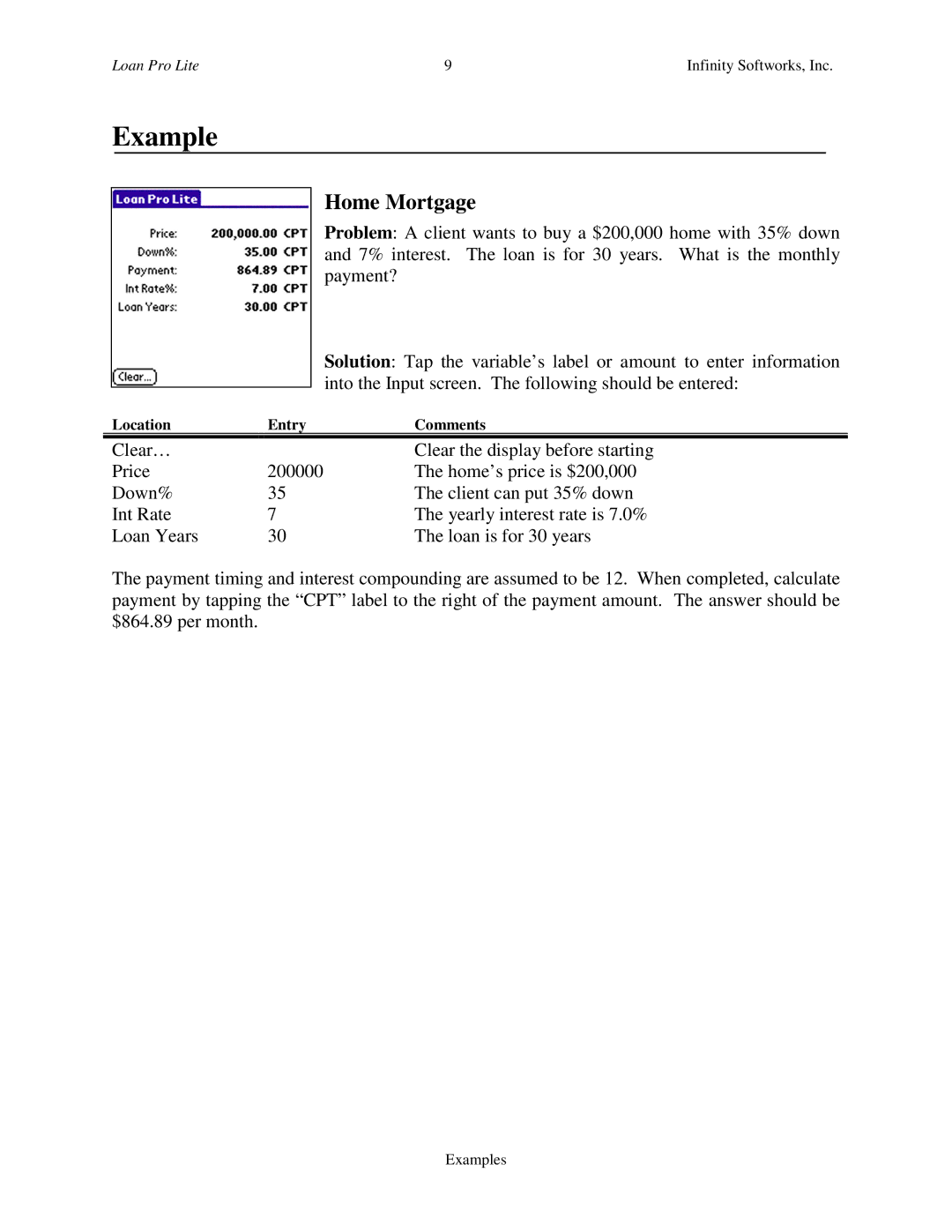 Infinity Softworks Palm Computing Platform manual Example, Home Mortgage, Location Entry Comments 