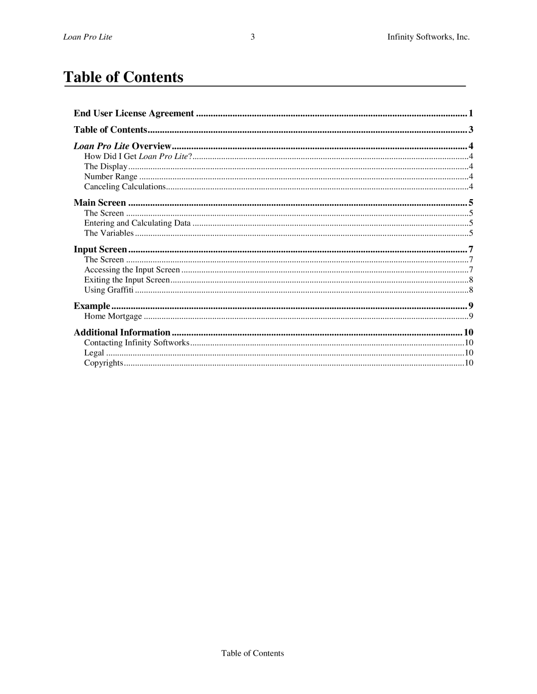 Infinity Softworks Palm Computing Platform manual Table of Contents 