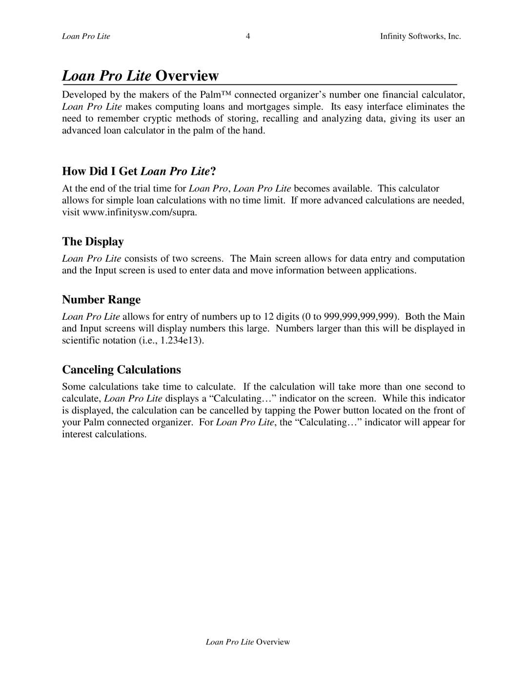 Infinity Softworks Palm Computing Platform How Did I Get Loan Pro Lite? Display, Number Range, Canceling Calculations 