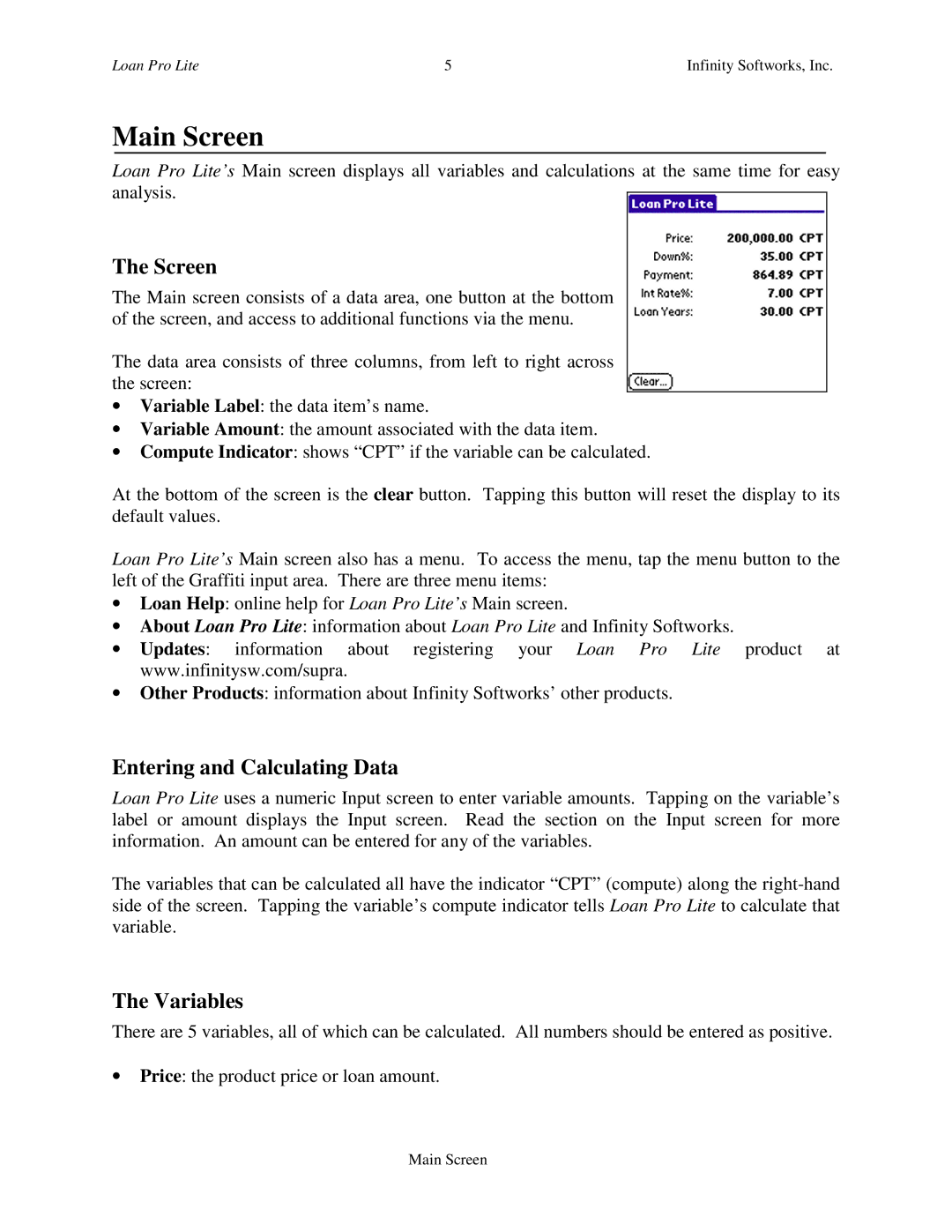 Infinity Softworks Palm Computing Platform manual Main Screen, Entering and Calculating Data, Variables 