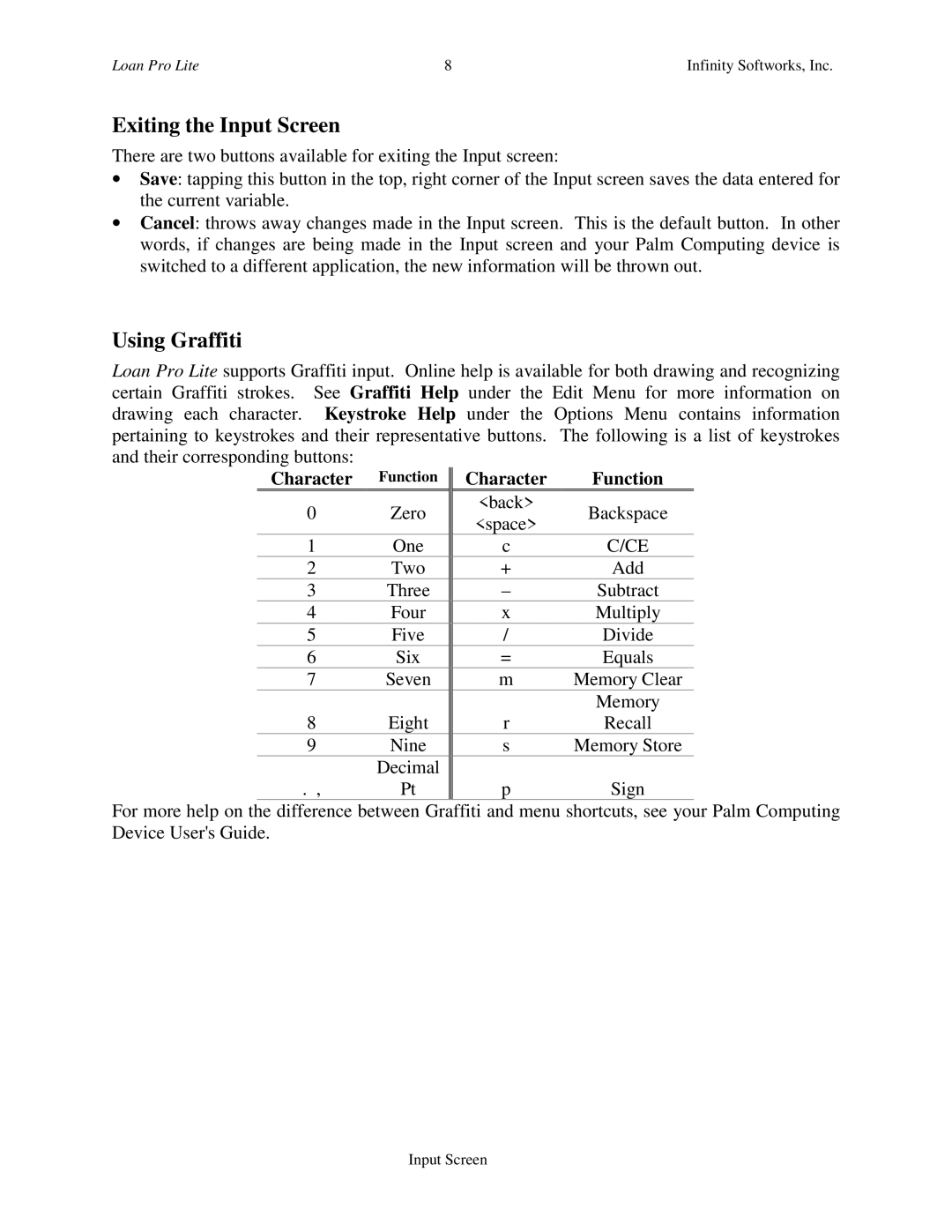 Infinity Softworks Palm Computing Platform manual Exiting the Input Screen, Using Graffiti, Function 