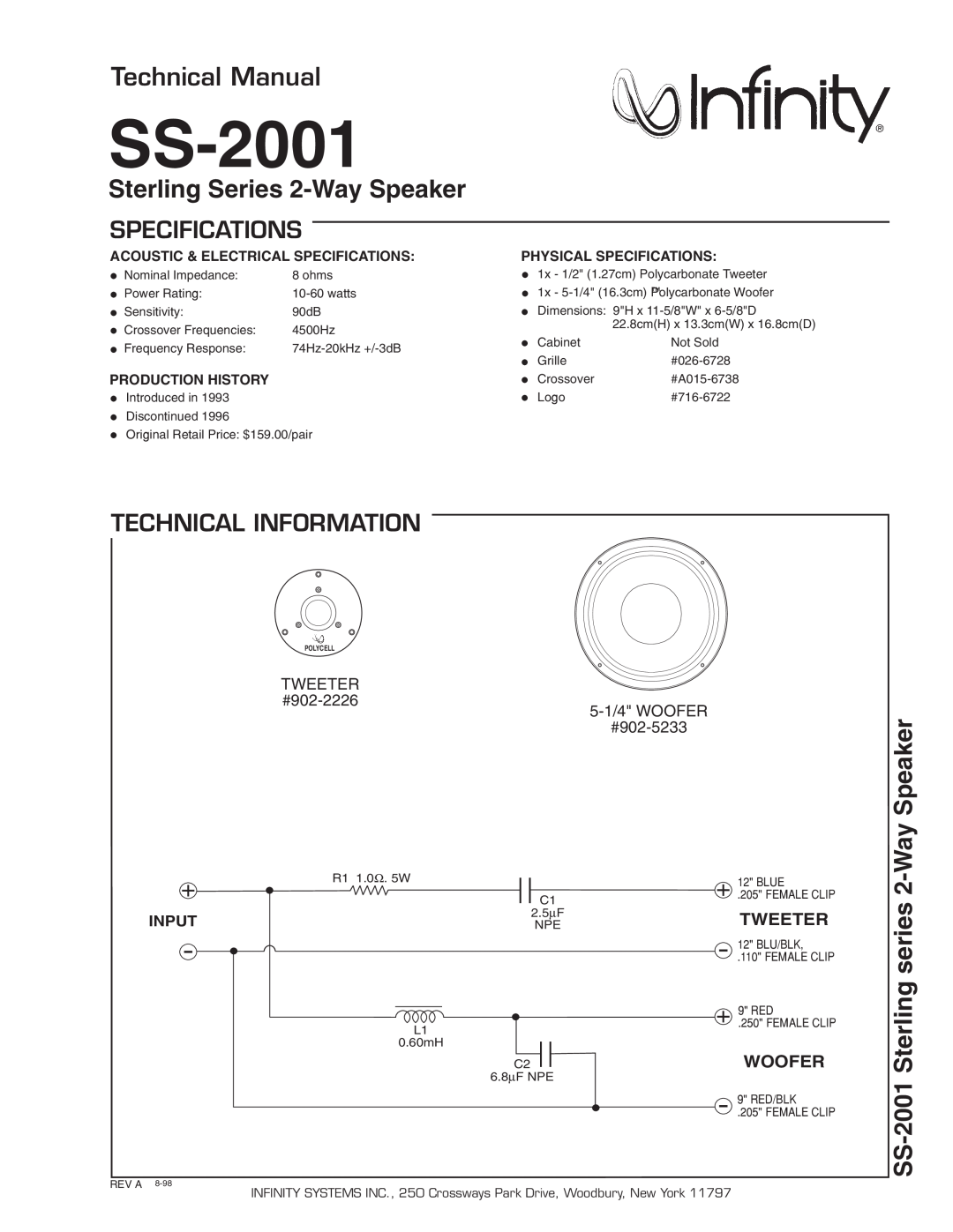 Infinity SS 2001 technical manual SS-2001, Technical Manual, Sterling Series 2-WaySpeaker, series 2-WaySpeaker, Tweeter 