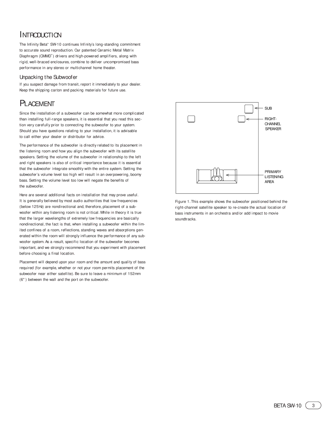 Infinity SW-10 manual Introduction, Placement, Unpacking the Subwoofer 