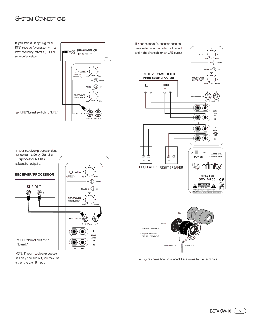 Infinity SW-10 manual System Connections, Set LFE/Normal switch to LFE, Set LFE/Normal switch to Normal 