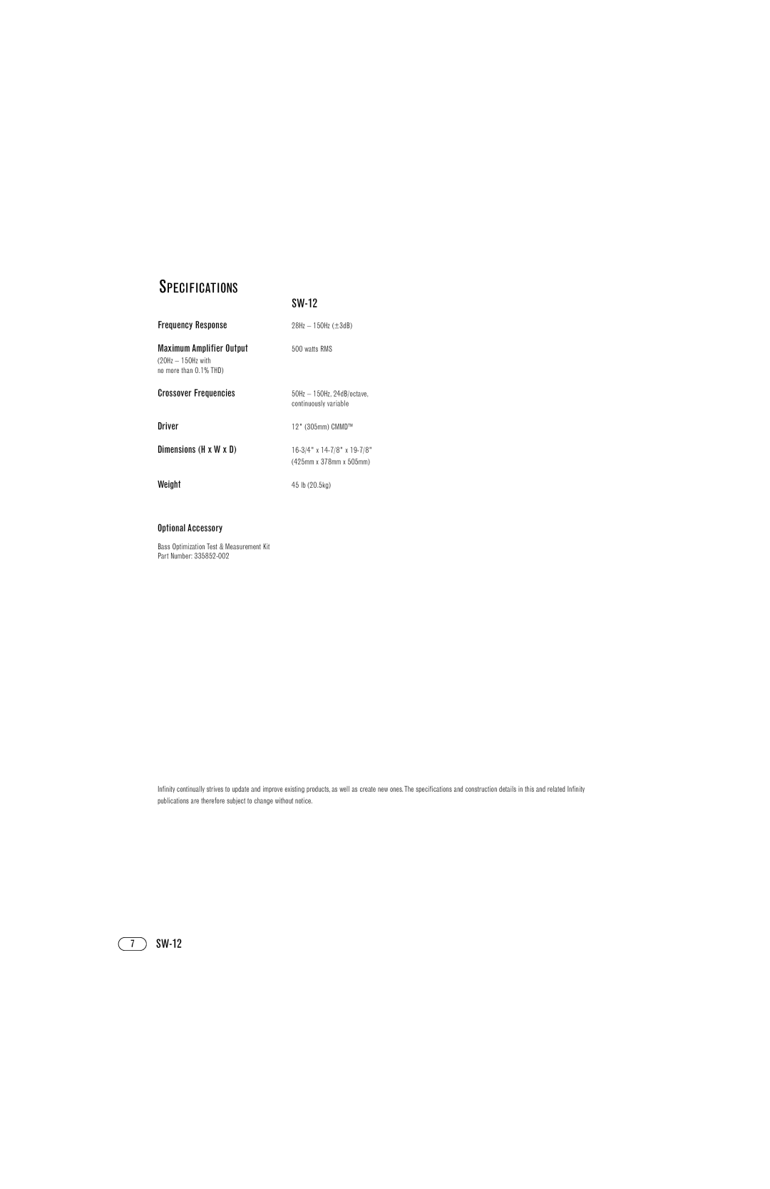 Infinity SW-12 manual Specifications 