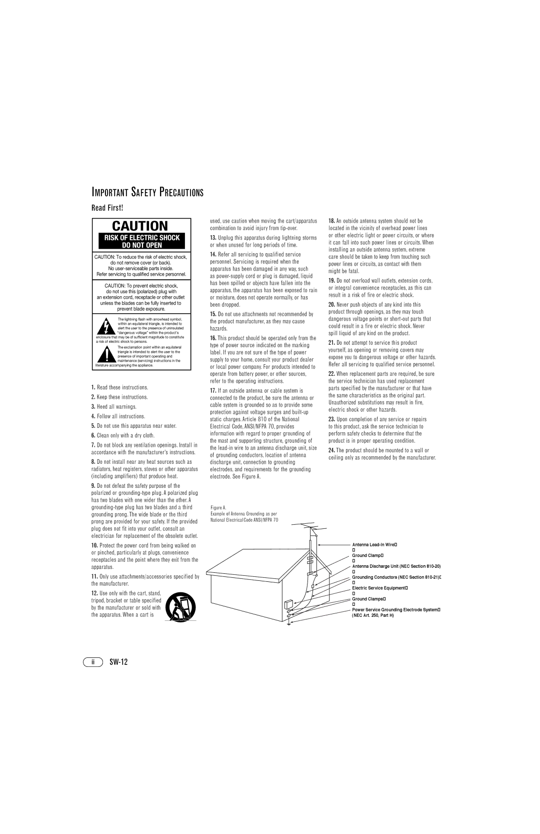 Infinity manual Read First, Ii SW-12 