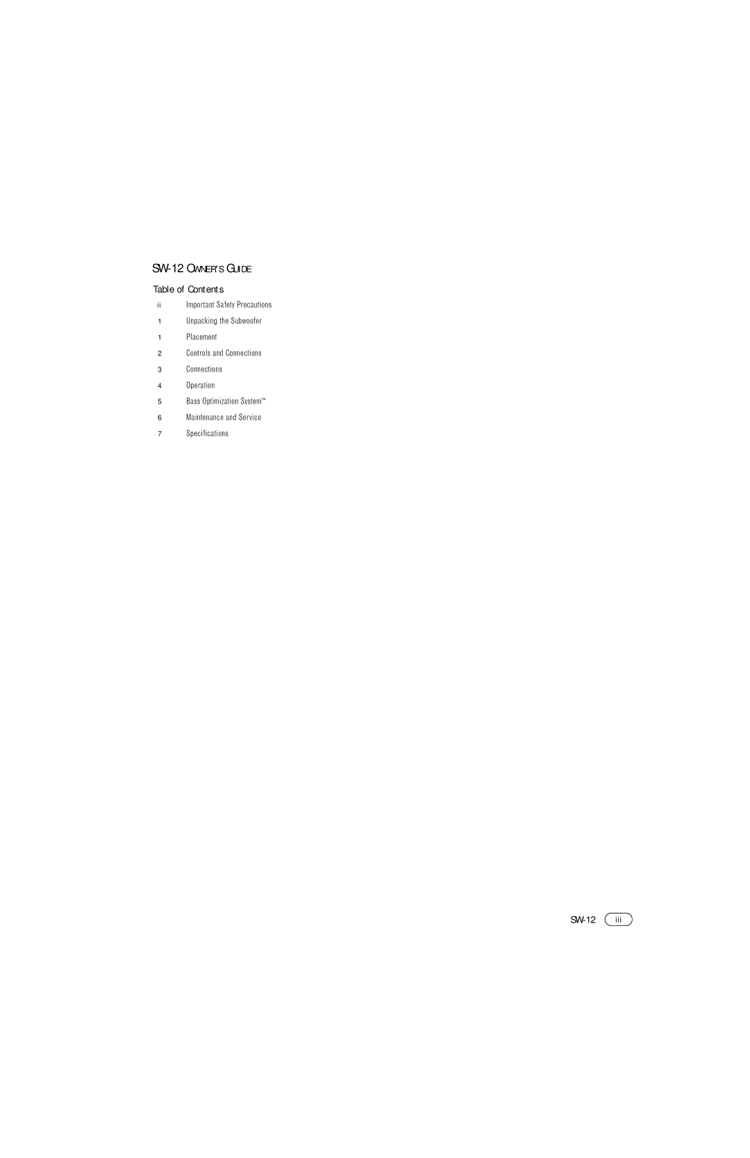 Infinity SW-12 manual Table of Contents 