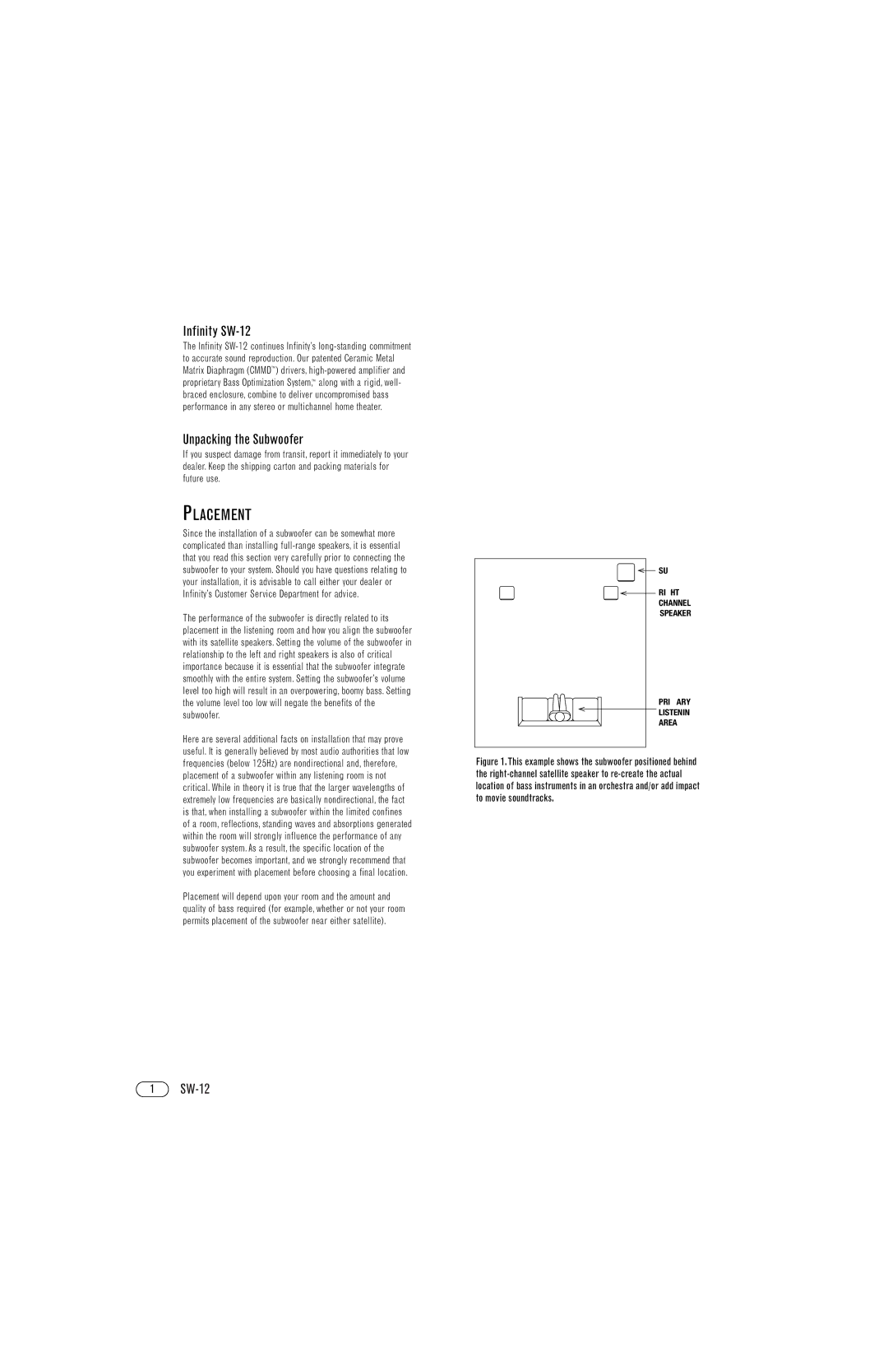 Infinity manual Placement, Infinity SW-12, Unpacking the Subwoofer 