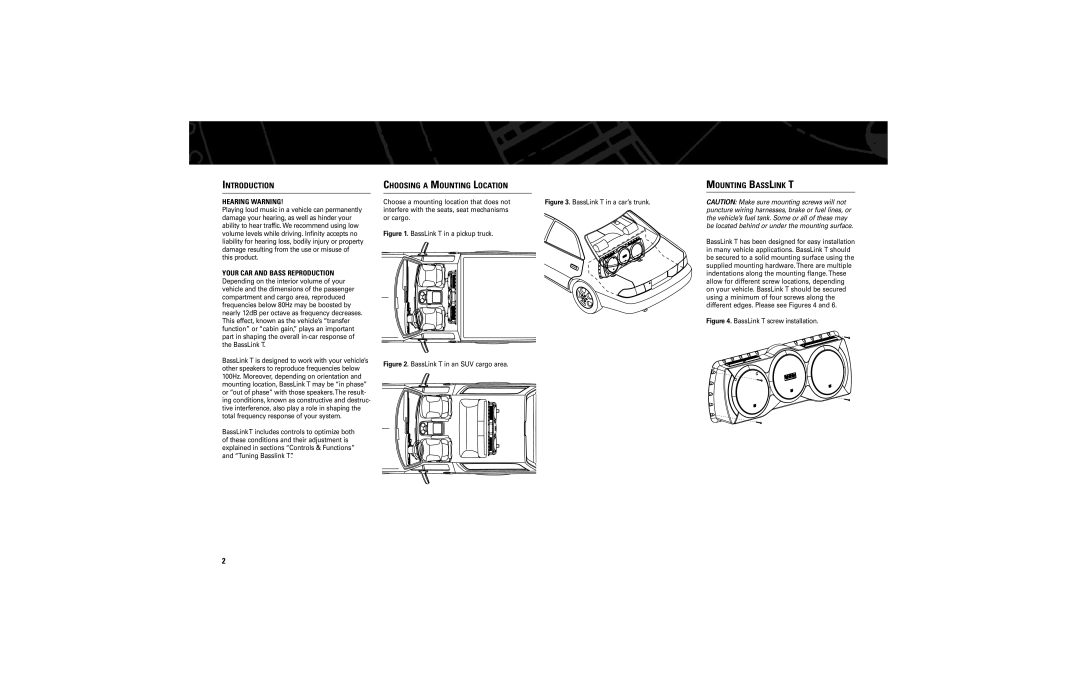 Infinity BassLink manual Introduction, Choosing a Mounting Location, Mounting Basslink T, Hearing Warning 