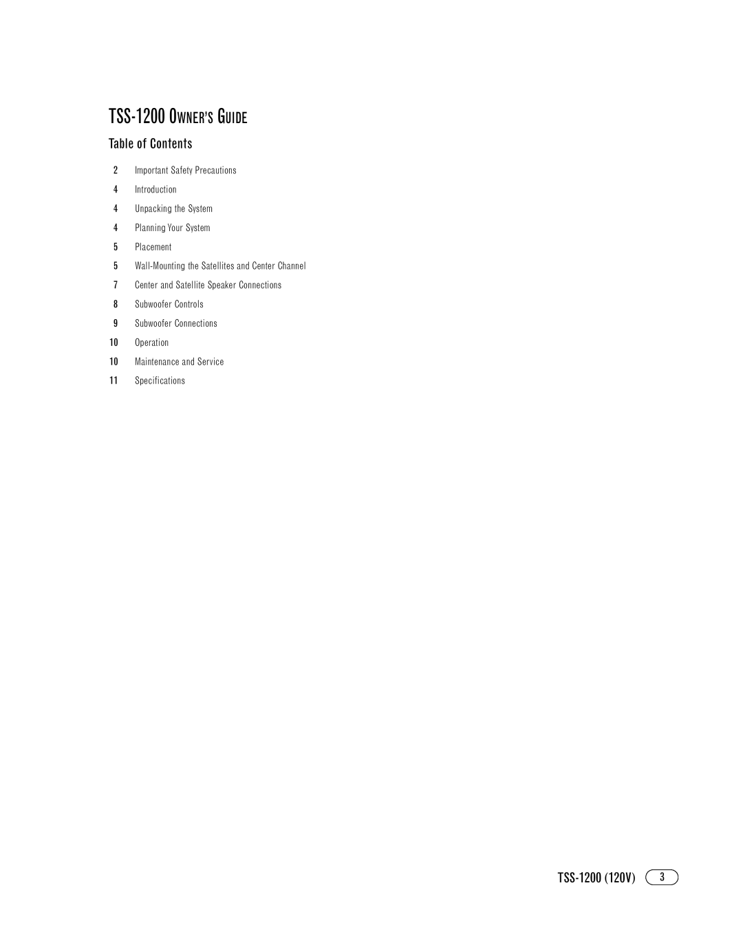 Infinity TOTAL SPEAKER SOLUTIONS manual TSS-1200 OWNER’S Guide, Table of Contents 