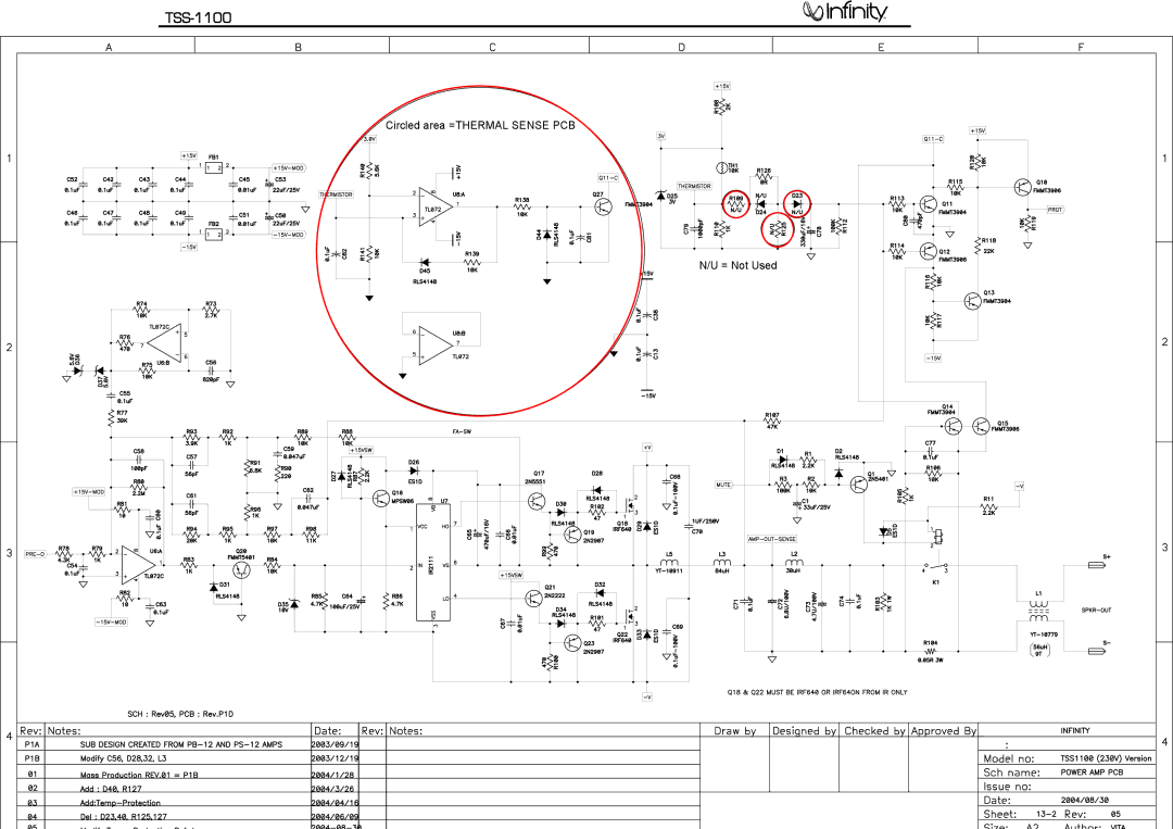 Infinity TSS-1100, 6 - Piece Home Theater System service manual Circled area =THERMAL Sense PCB 