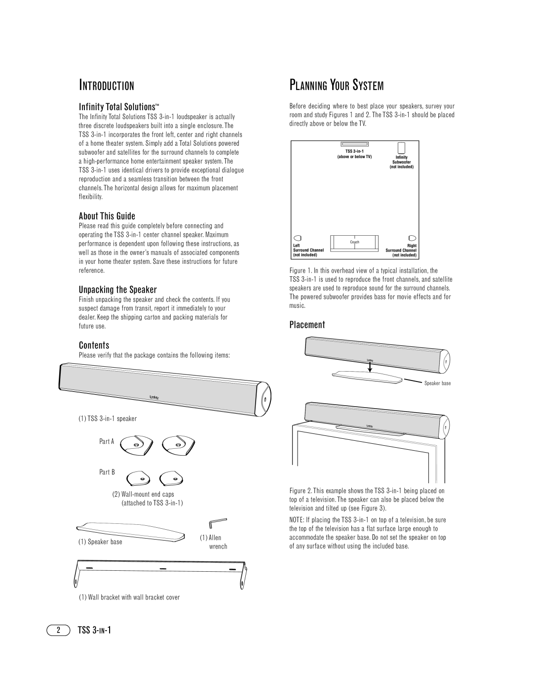 Infinity TSS 3-IN-1 manual Introduction, Planning Your System 