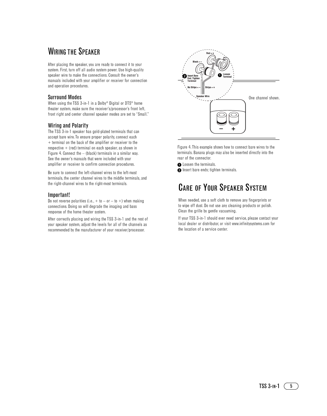 Infinity TSS 3-IN-1 manual Wiring the Speaker, Care of Your Speaker System, Surround Modes, Wiring and Polarity 