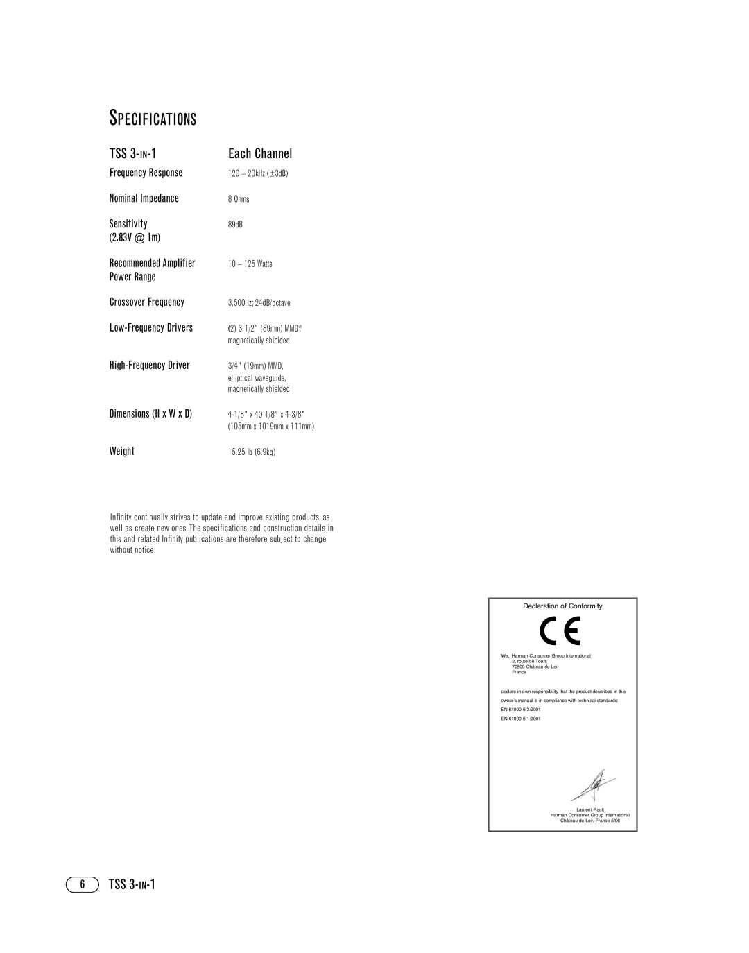 Infinity TSS 3-IN-1 manual Specifications, TSS 3- IN-1 Each Channel 