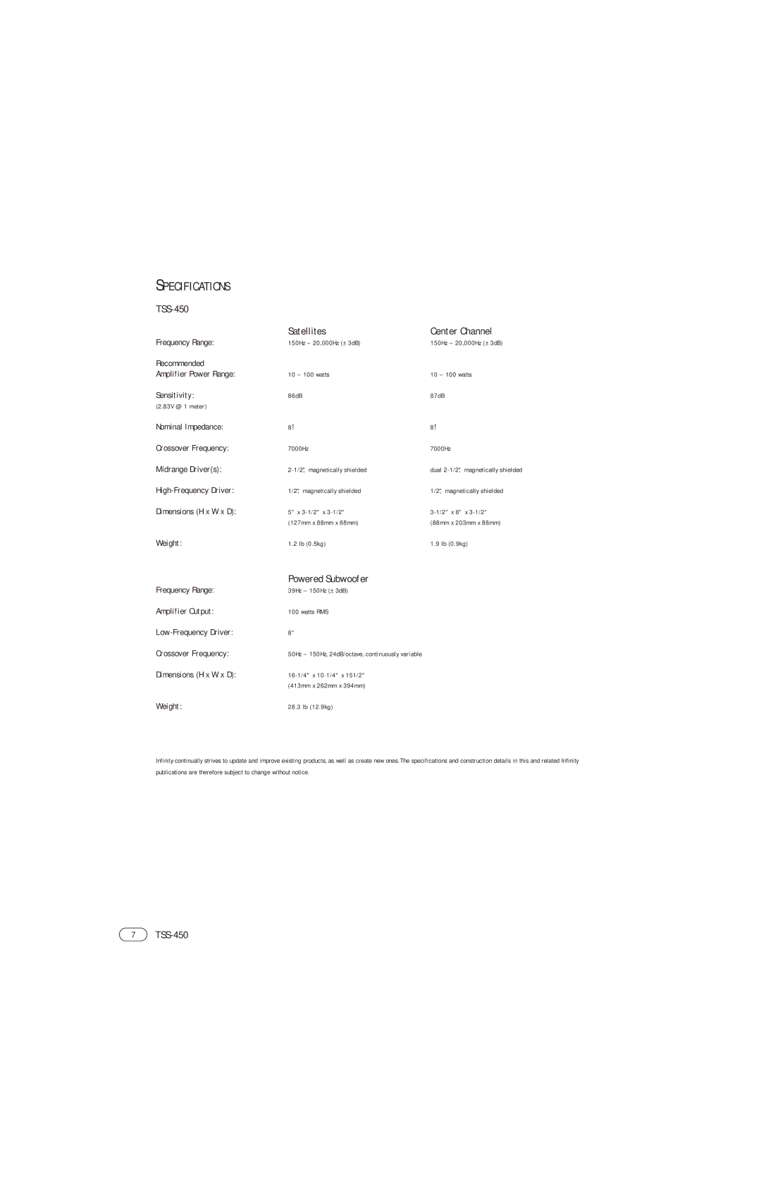 Infinity TSS-450 manual Specifications, Satellites Center Channel, Powered Subwoofer 