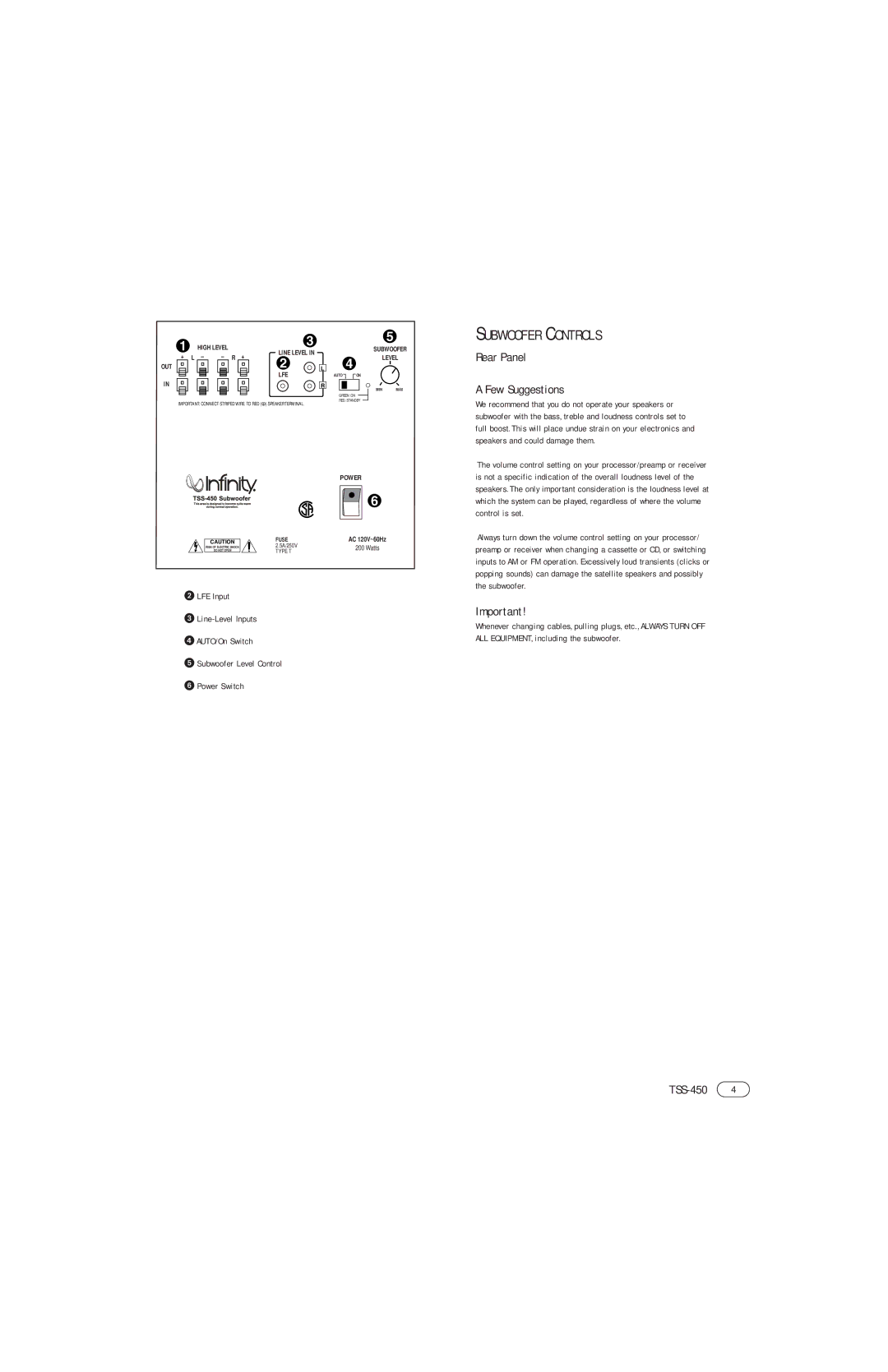 Infinity TSS-450 manual Subwoofer Controls, Rear Panel Few Suggestions 