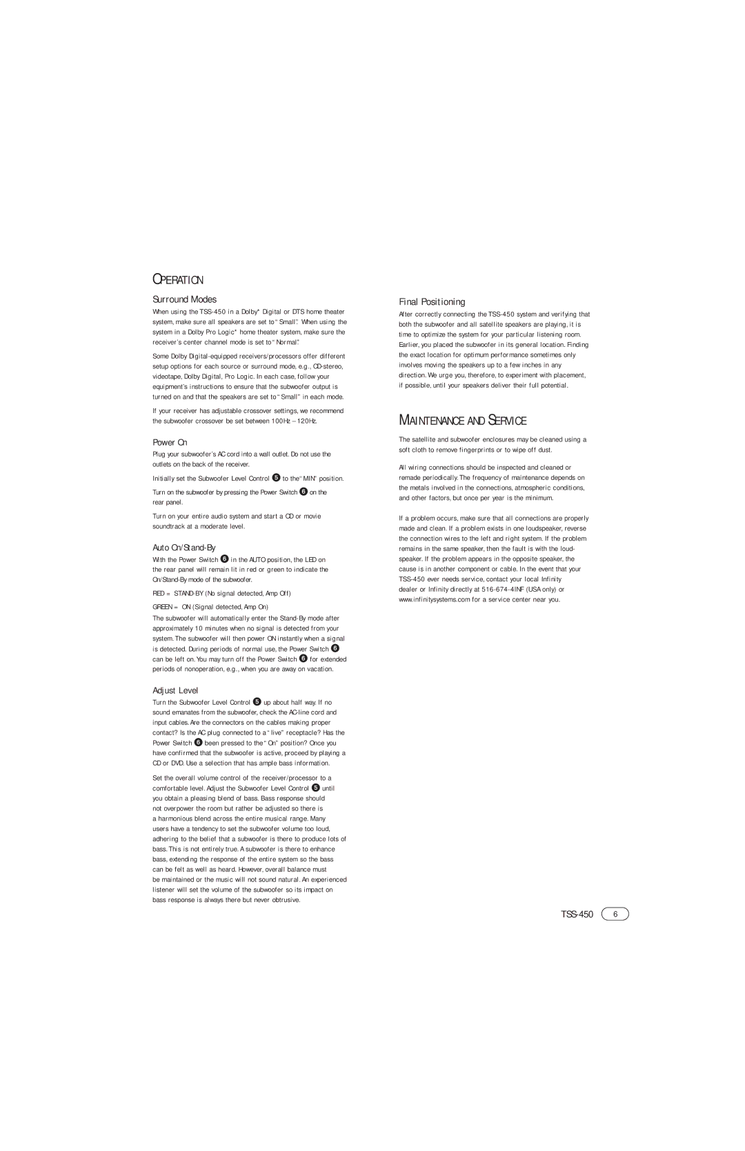 Infinity TSS-450 manual Operation, Maintenance and Service, Surround Modes, Final Positioning 
