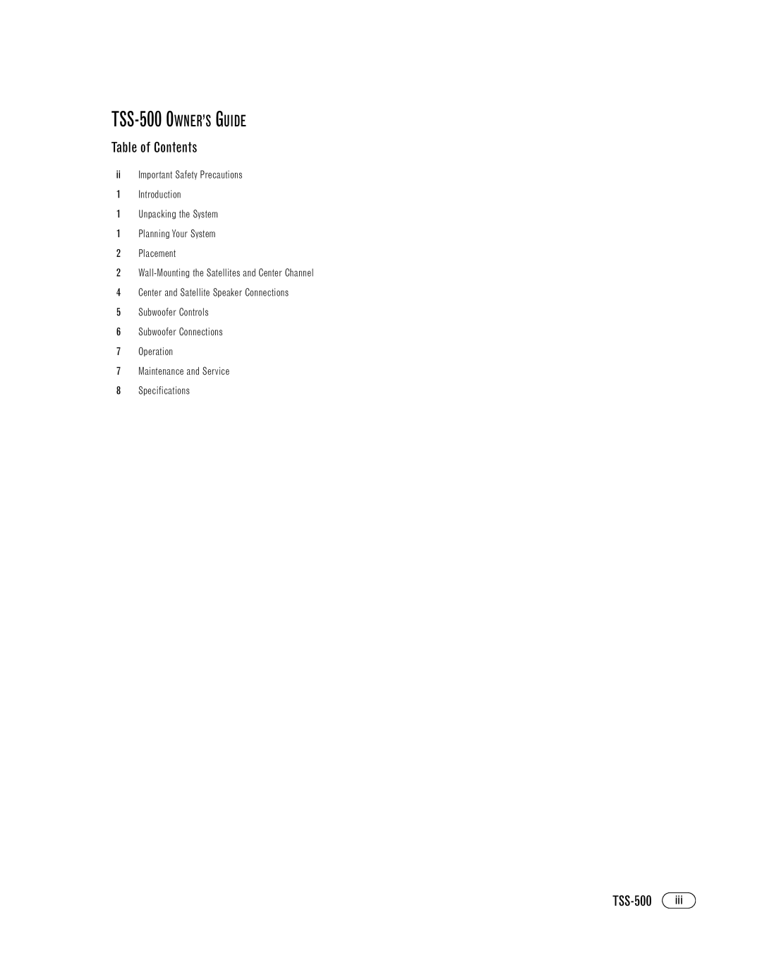 Infinity TSS-500OM manual Table of Contents 