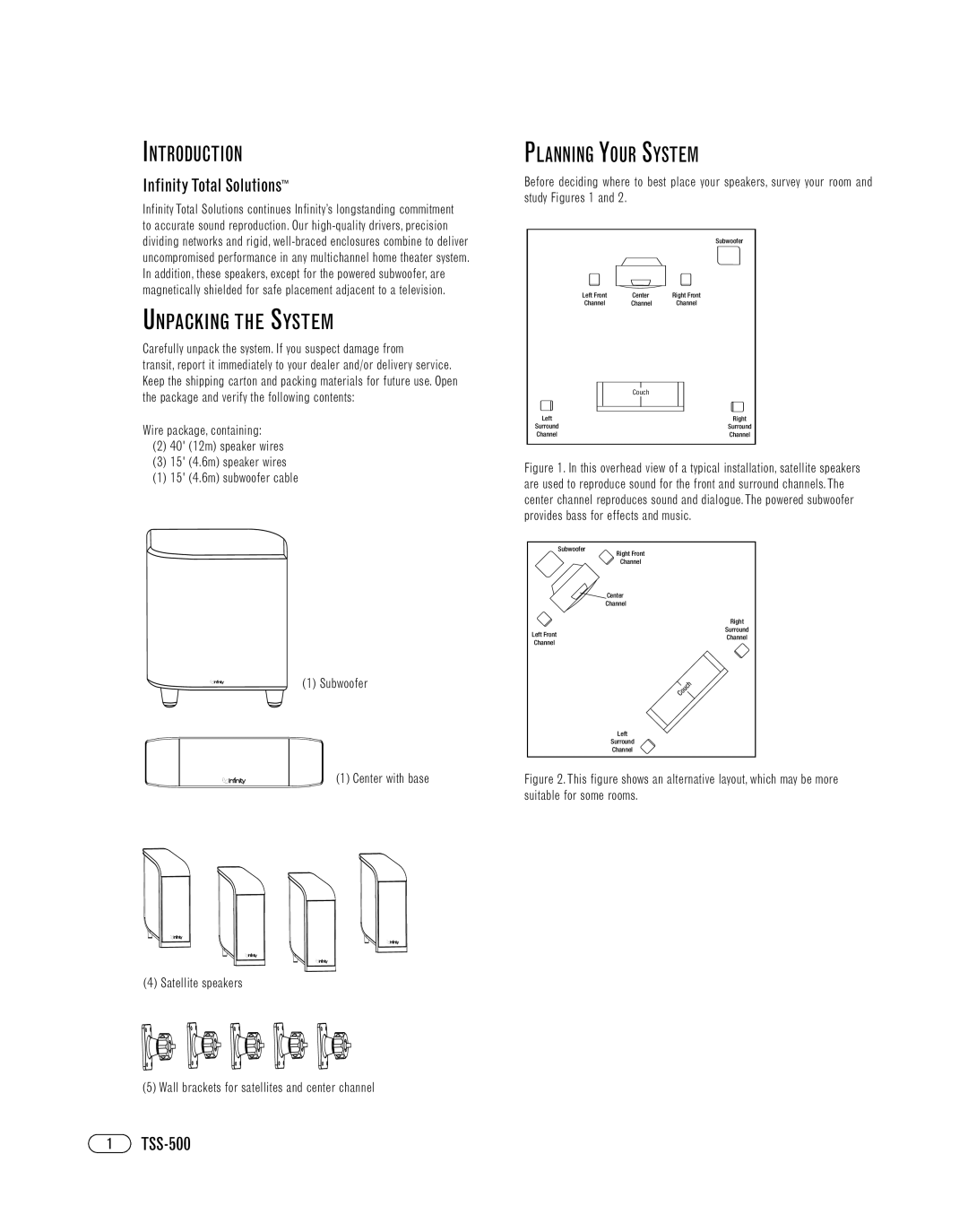 Infinity TSS-500OM manual Introduction, Unpacking the System, Planning Your System, Infinity Total Solutions 