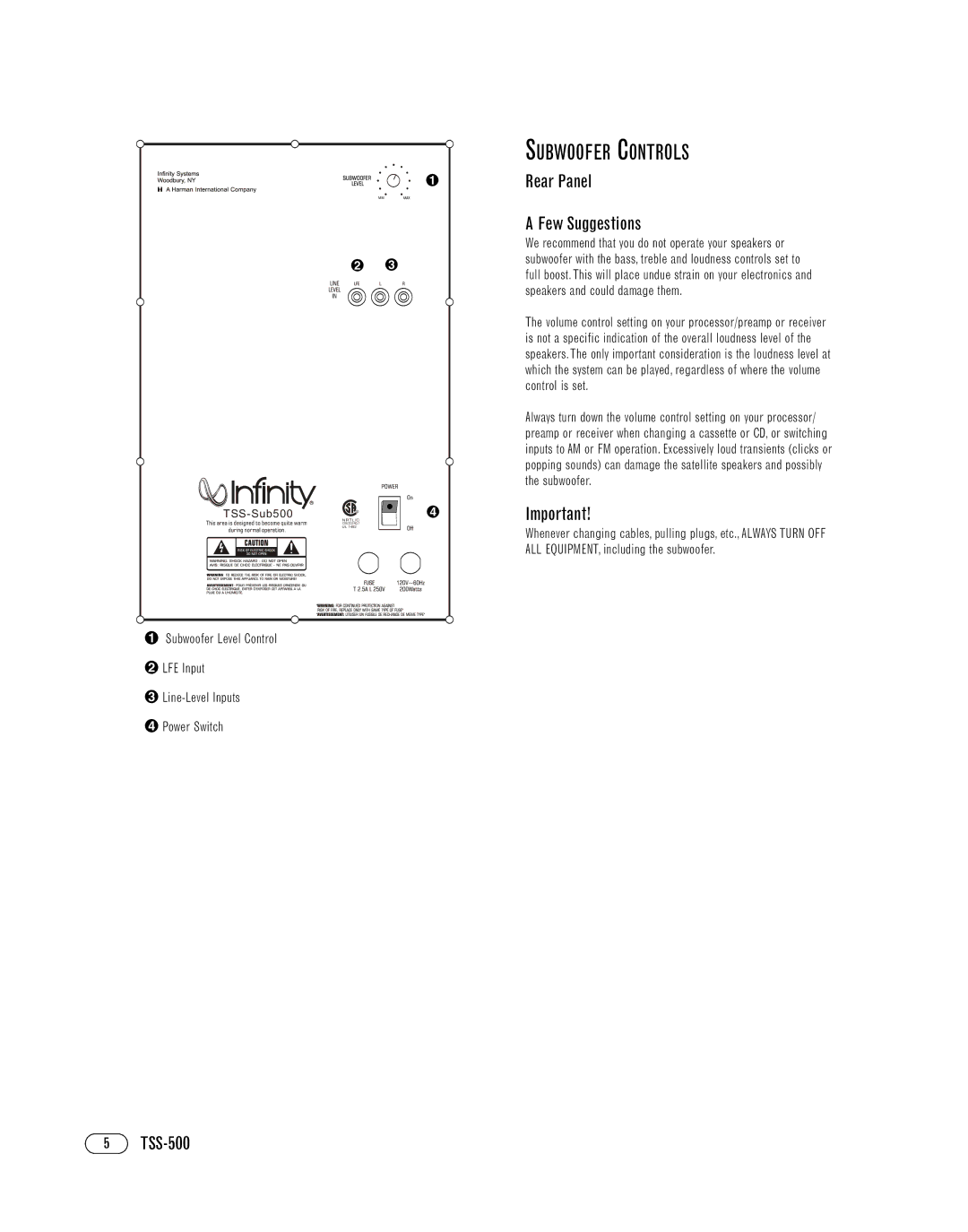 Infinity TSS-500OM manual Subwoofer Controls, Rear Panel Few Suggestions 