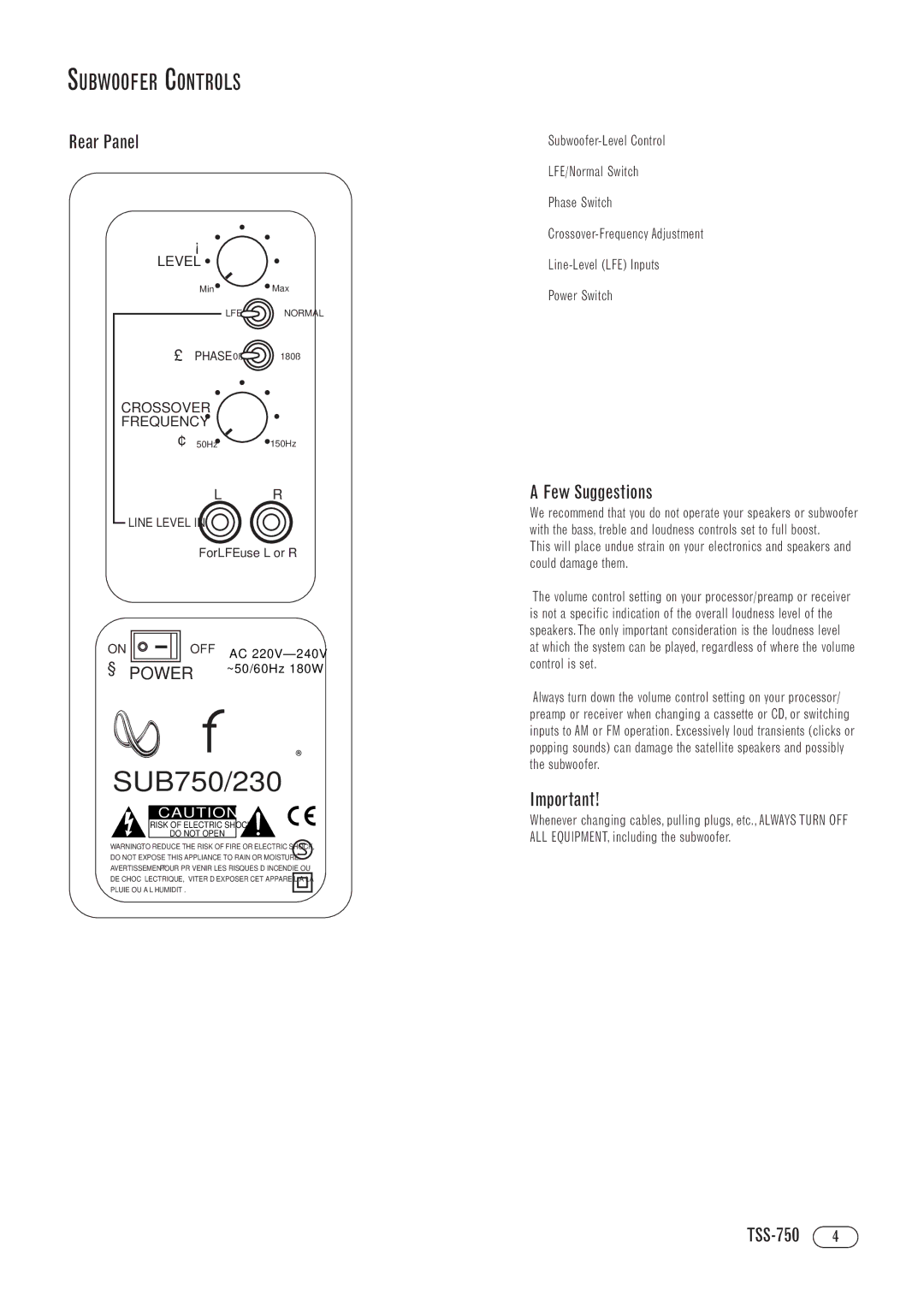 Infinity TOTAL SPEAKER SOLUTIONS, TSS-750 manual Subwoofer Controls, Rear Panel, Few Suggestions 