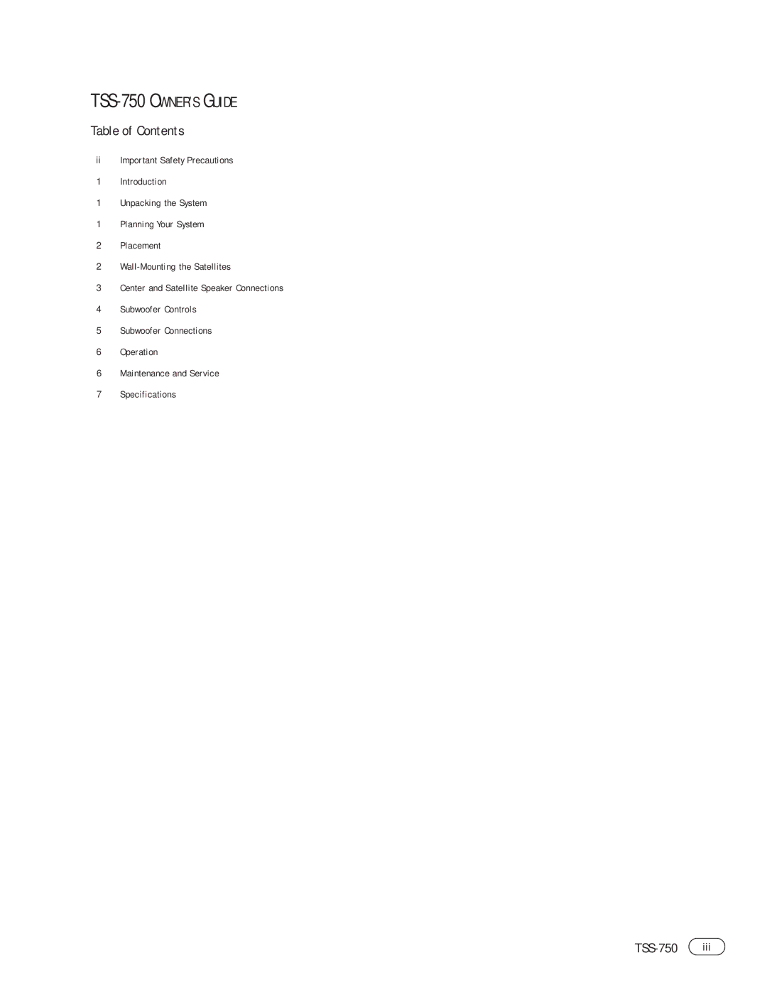 Infinity TSS-750 manual Table of Contents 