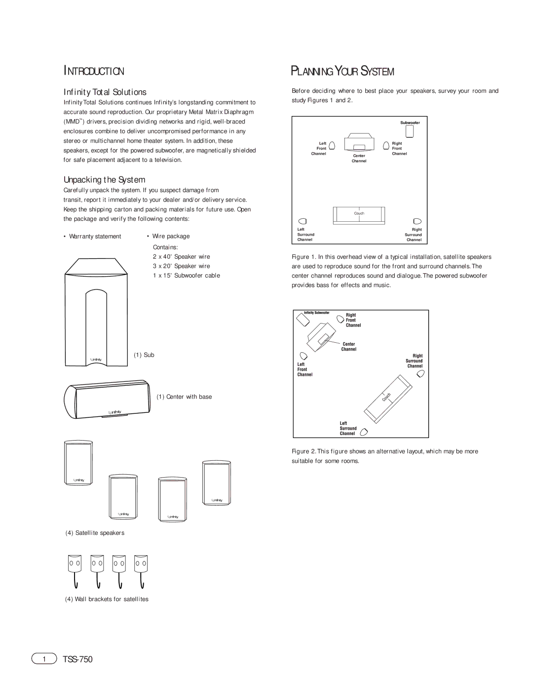 Infinity TSS-750 manual Introduction, Planning Your System, Infinity Total Solutions, Unpacking the System 