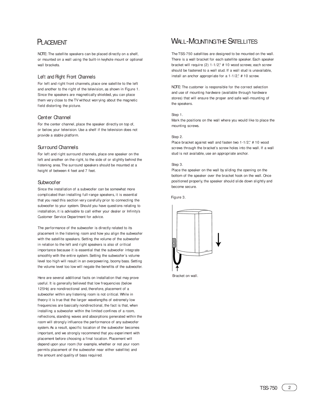 Infinity TSS-750 manual Placement, Left and Right Front Channels, Center Channel, Surround Channels, Subwoofer 