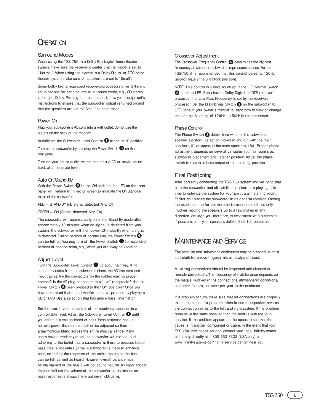 Infinity TSS-750 manual Operation, Maintenance and Service, Surround Modes, Final Positioning 