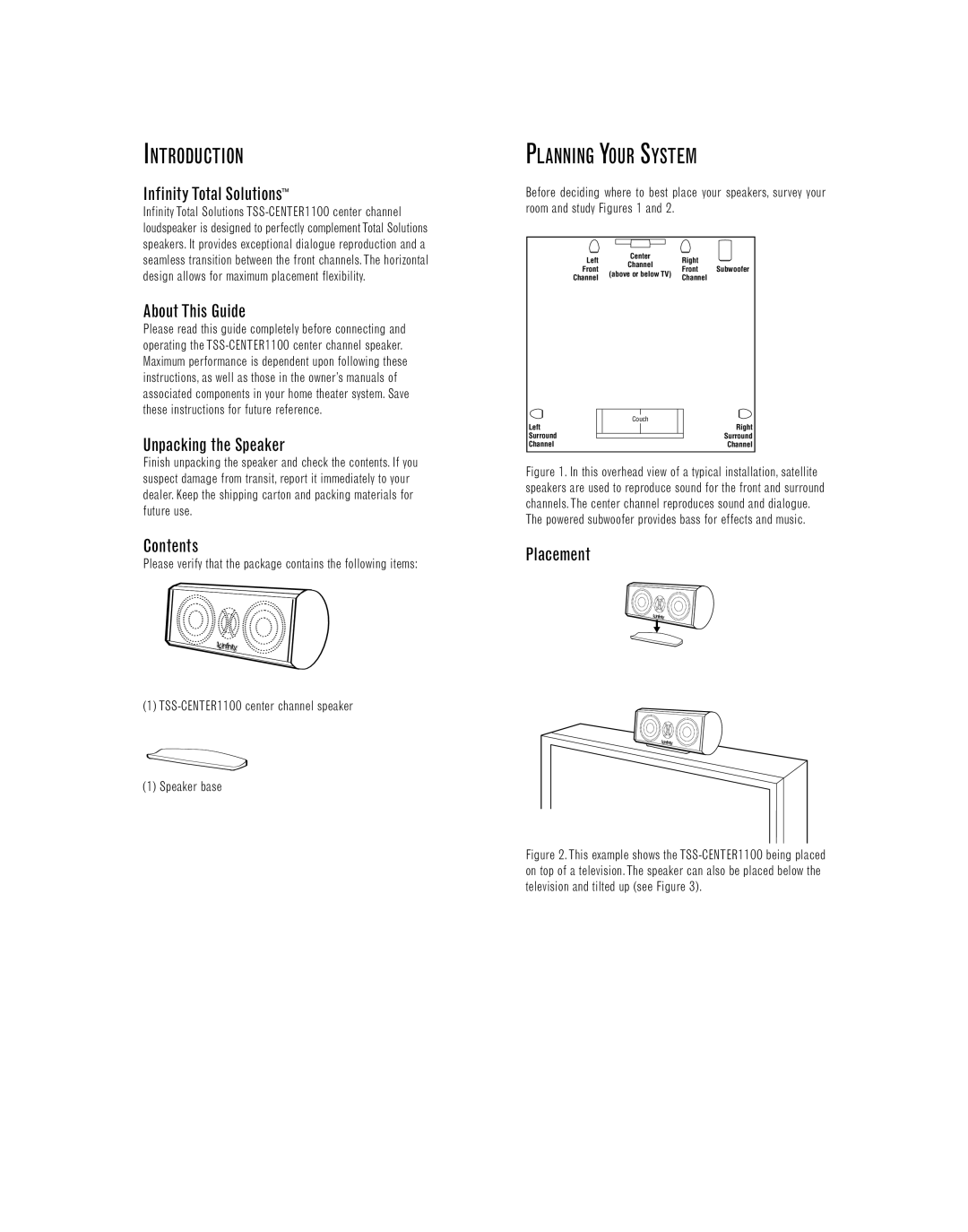 Infinity TSS-CENTER1100 manual Introduction, Planning Your System 