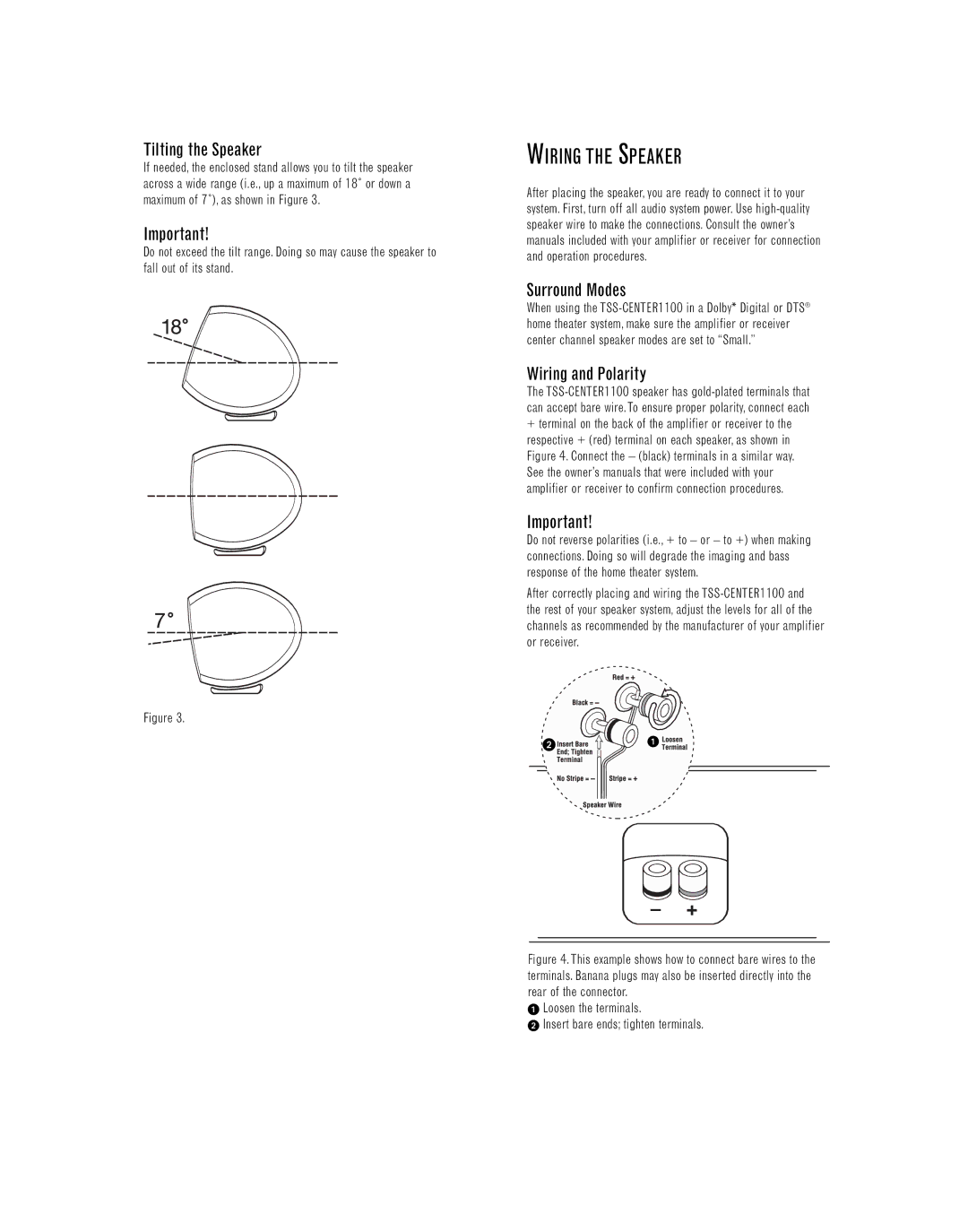 Infinity TSS-CENTER1100 manual Wiring the Speaker, Tilting the Speaker, Surround Modes, Wiring and Polarity 