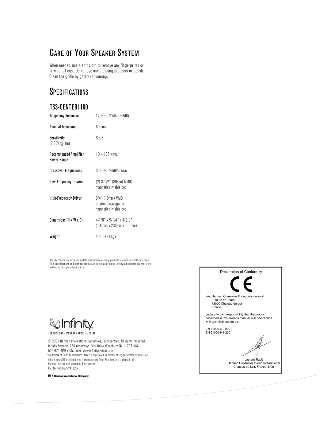 Infinity manual Care of Your Speaker System, Specifications TSS-CENTER1100 