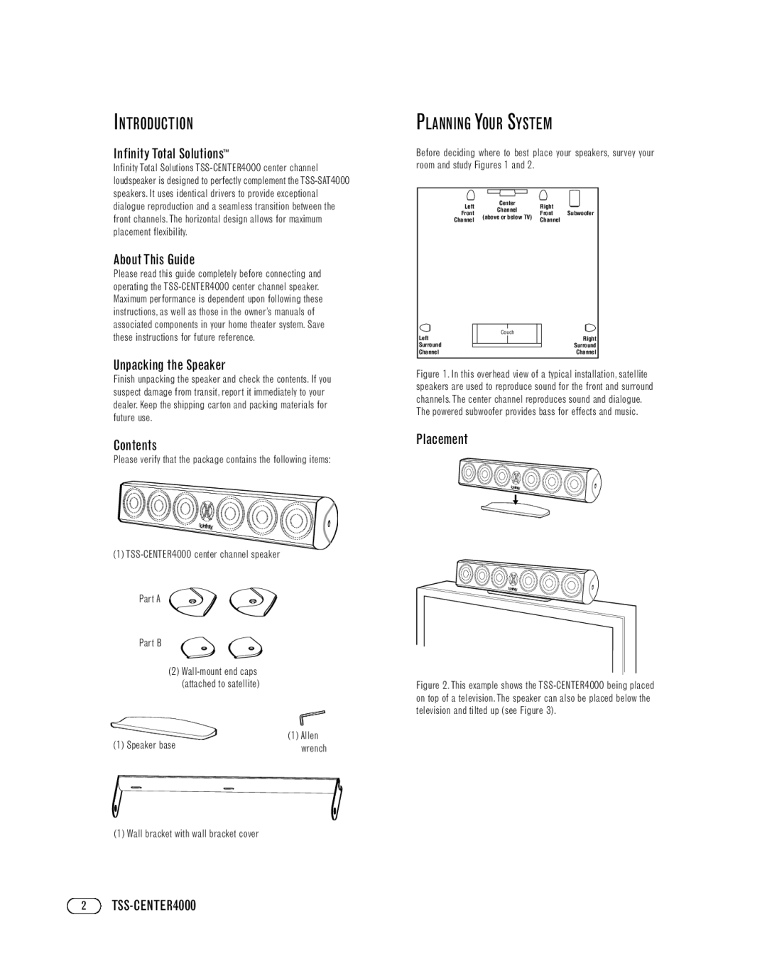 Infinity TSS-CENTER4000 manual Introduction, Planning Your System 