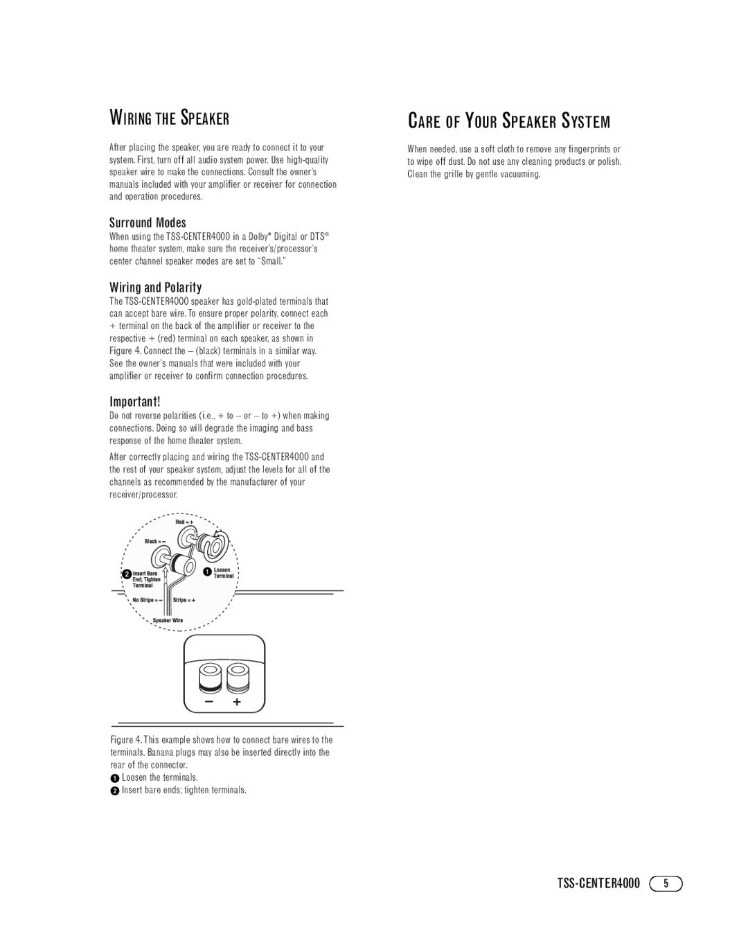 Infinity TSS-CENTER4000 manual Wiring the Speaker, Care of Your Speaker System, Surround Modes, Wiring and Polarity 