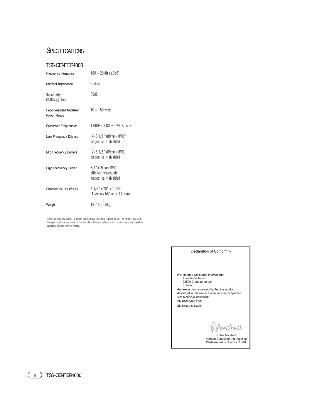 Infinity manual Specifications TSS-CENTER4000, Power Range 