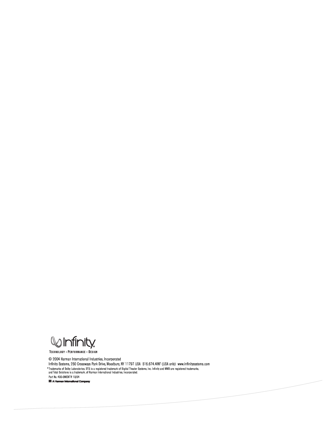 Infinity TSS-CENTER4000 manual Part No. 400-OMCNTR10/04 