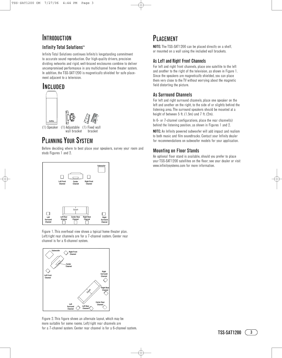 Infinity TSS-SAT1200 manual Introduction, Included, Planning Your System, Placement 