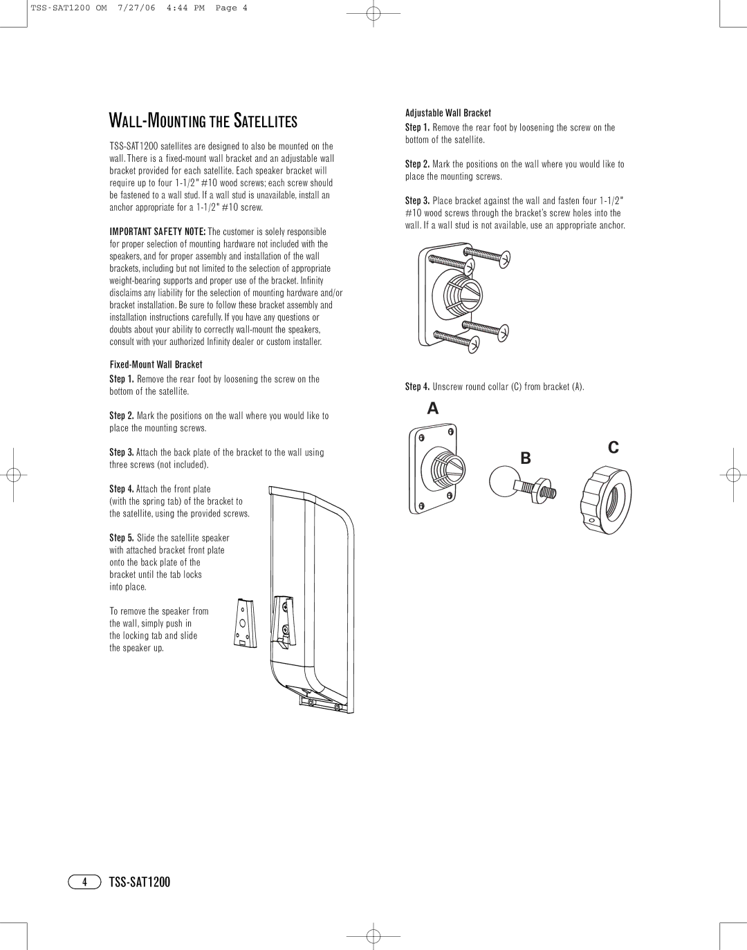 Infinity TSS-SAT1200 manual WALL-MOUNTING the Satellites, Into place 