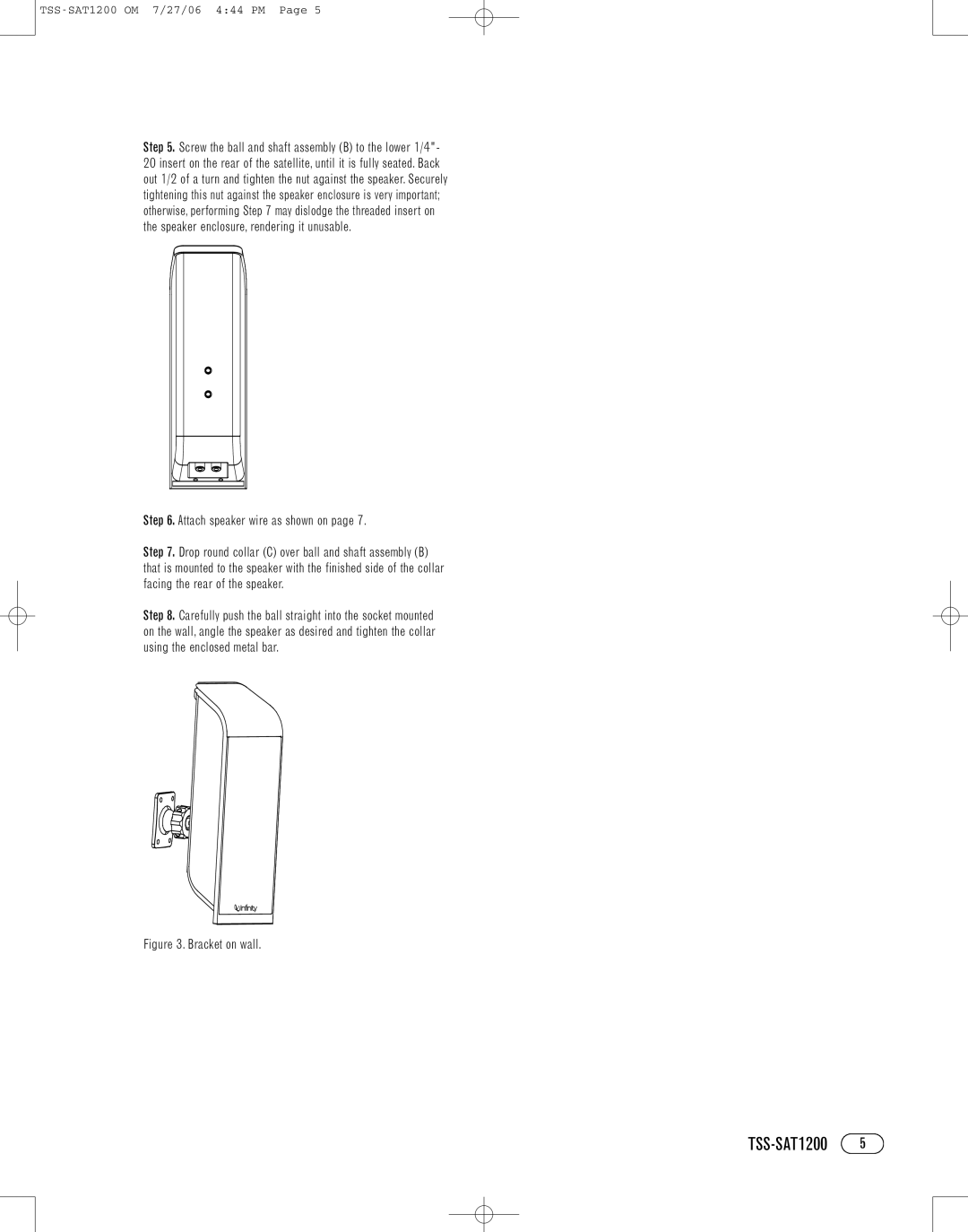 Infinity TSS-SAT1200 manual Attach speaker wire as shown on, Bracket on wall 