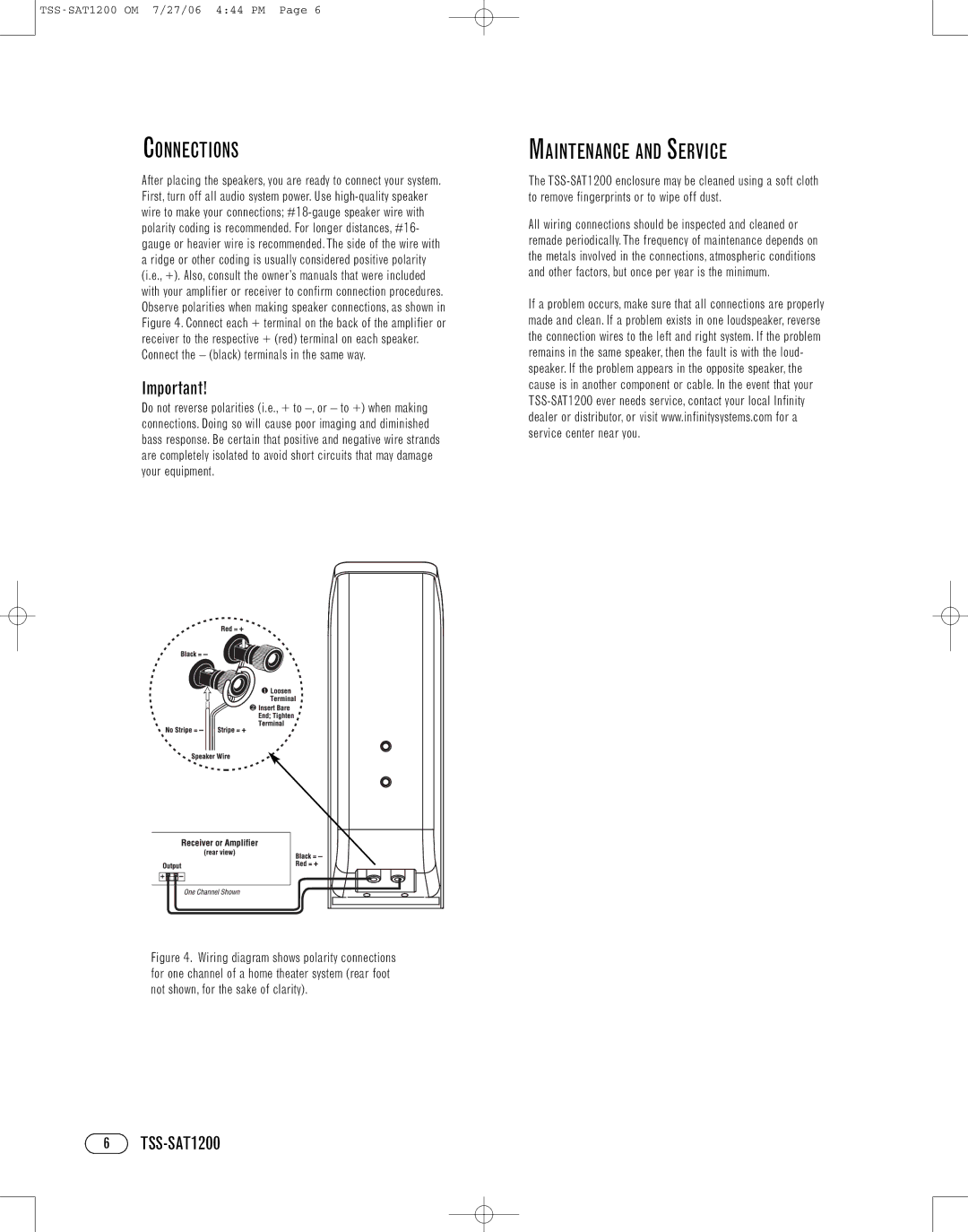 Infinity TSS-SAT1200 manual Connections, Maintenance and Service 