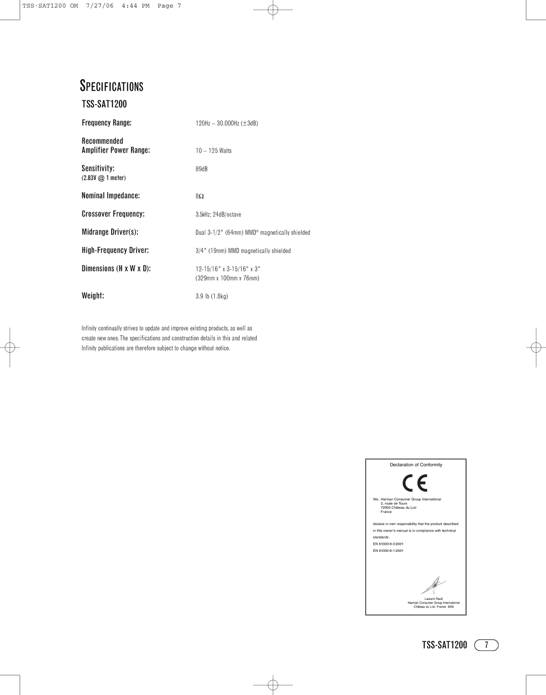 Infinity TSS-SAT1200 manual Specifications 