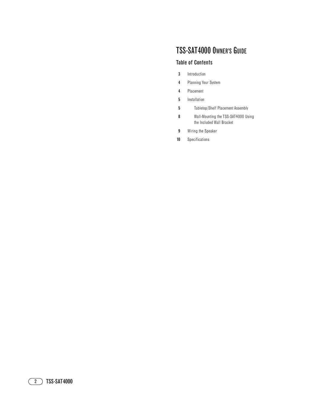 Infinity TSS-SAT4000 manual Table of Contents 