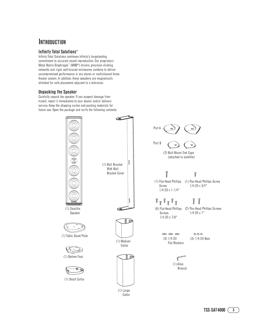 Infinity TSS-SAT4000 manual Introduction, Infinity Total Solutions, Unpacking the Speaker, Screw 20 x 3/4 20 x 1-1/4 