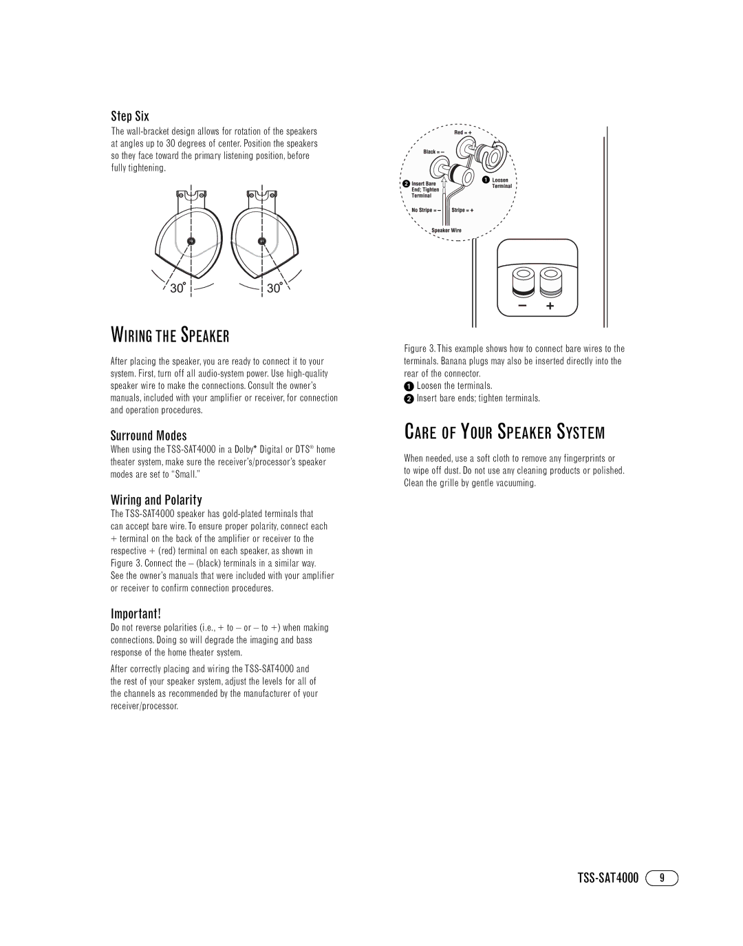 Infinity TSS-SAT4000 manual Wiring the Speaker, Care of Your Speaker System, Step Six, Surround Modes, Wiring and Polarity 