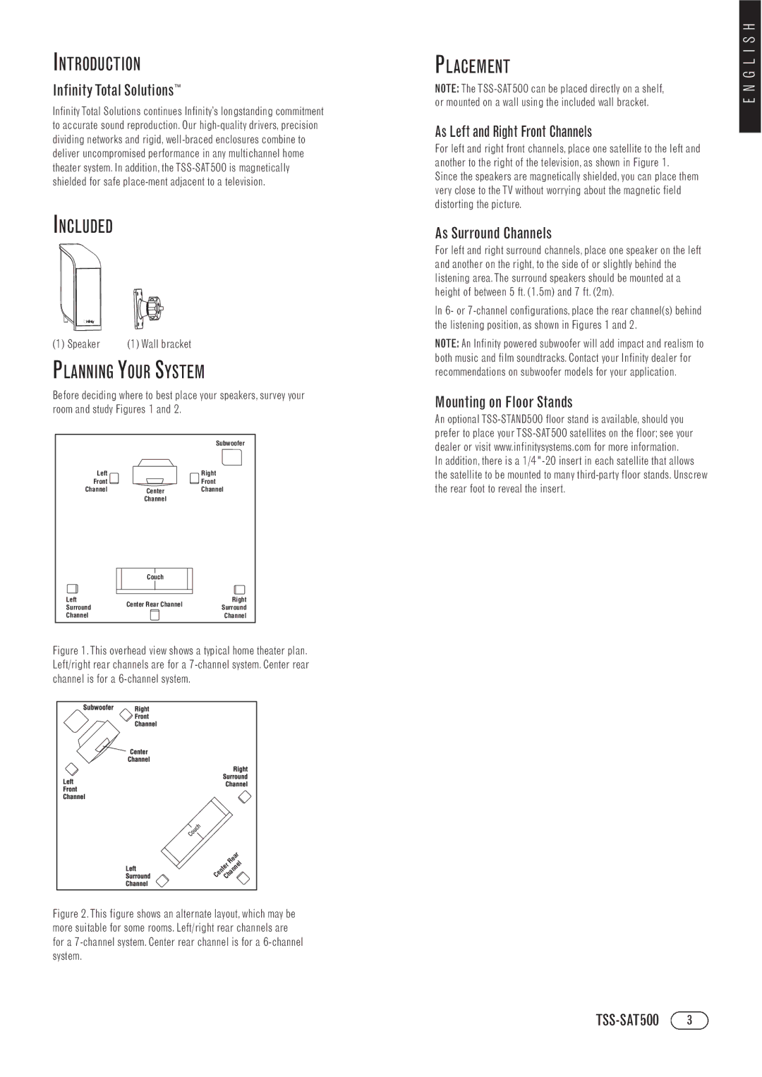 Infinity TSS-SAT500 manual Introduction, Included, Planning Your System, Placement 