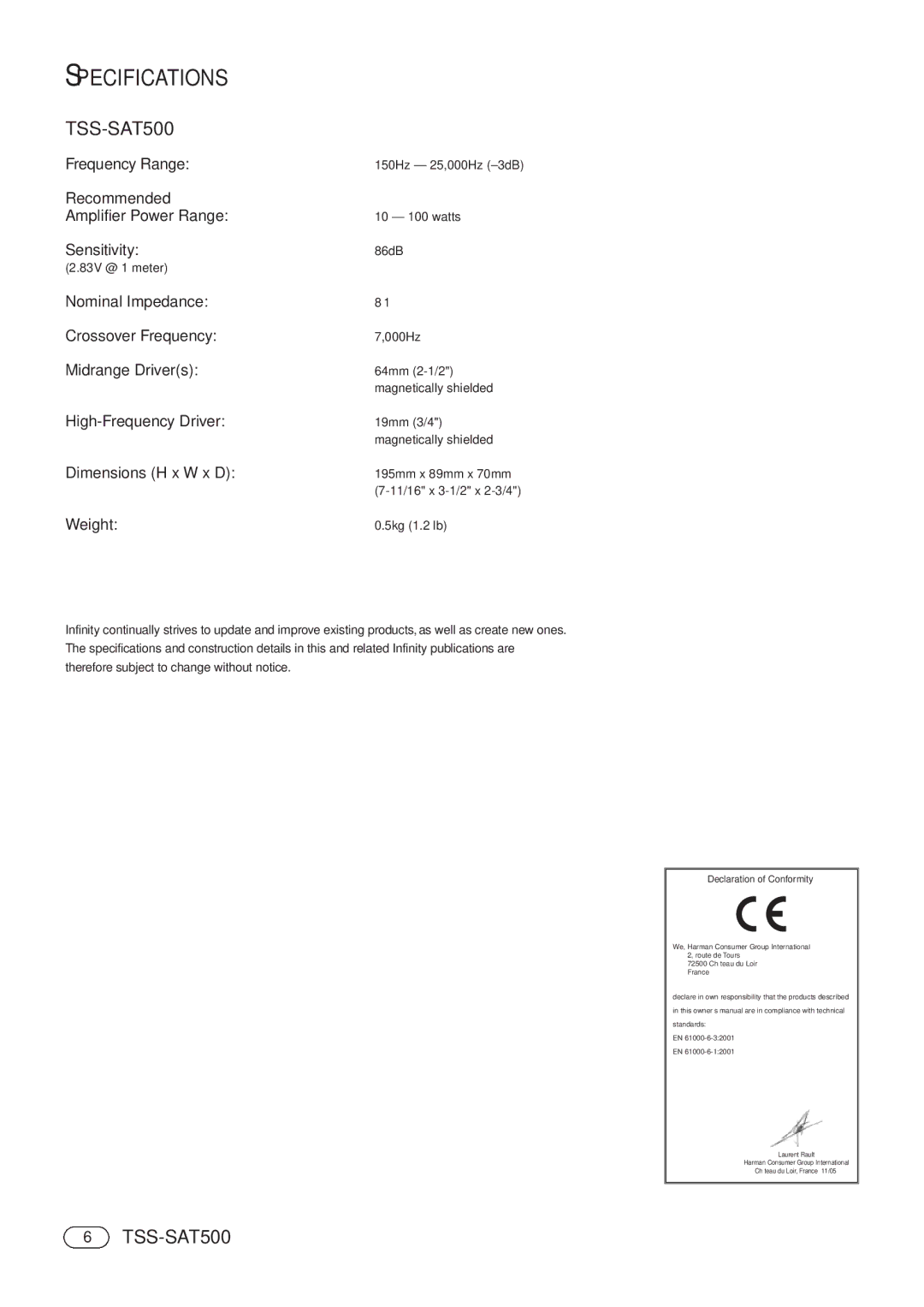 Infinity TSS-SAT500 manual Specifications 