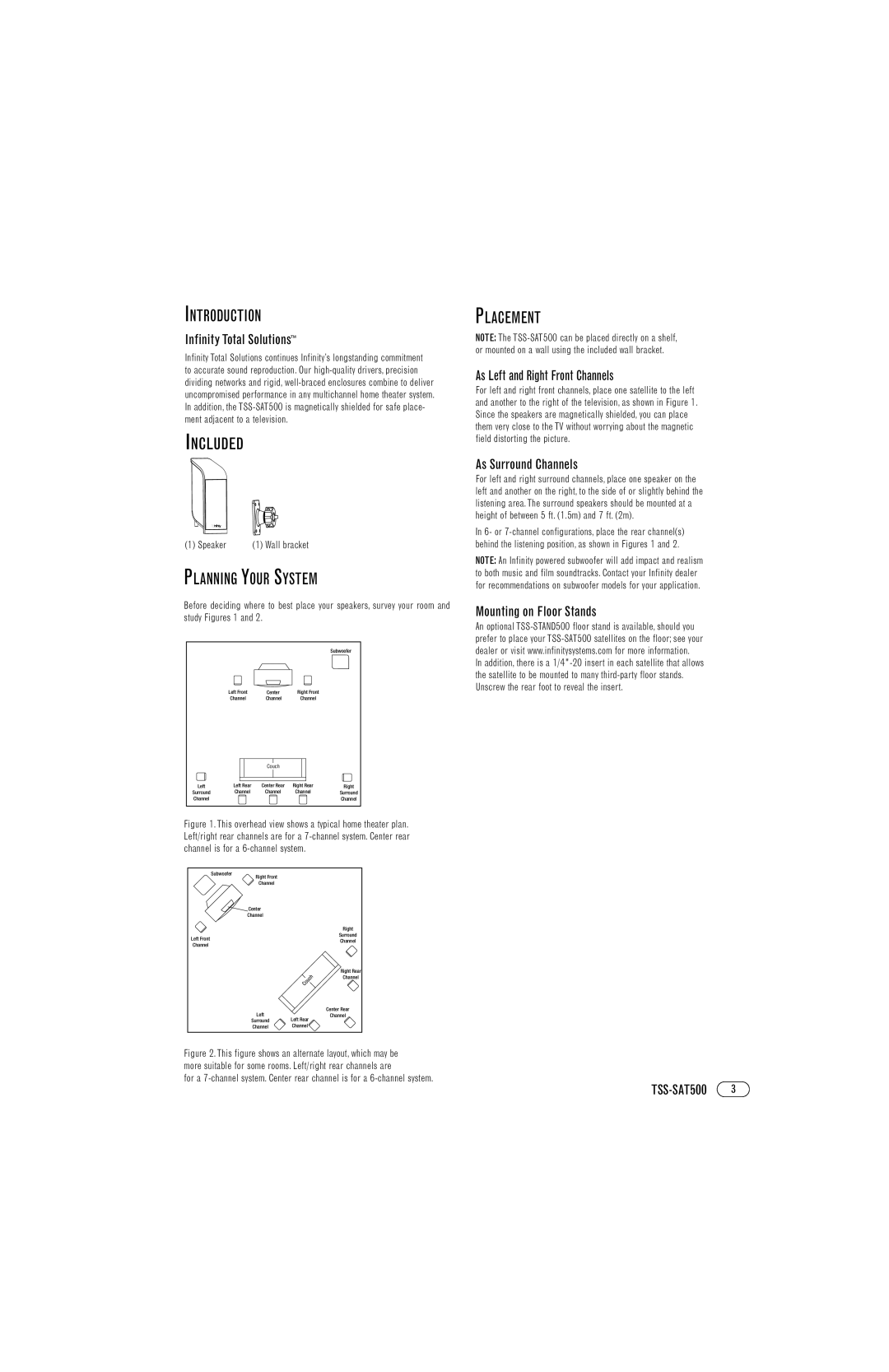 Infinity TSS-SAT500 manual Introduction, Included, Planning Your System, Placement 