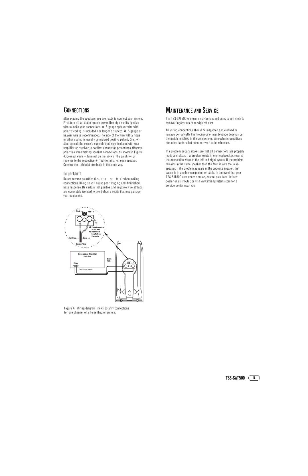 Infinity TSS-SAT500 manual Connections, Maintenance and Service 