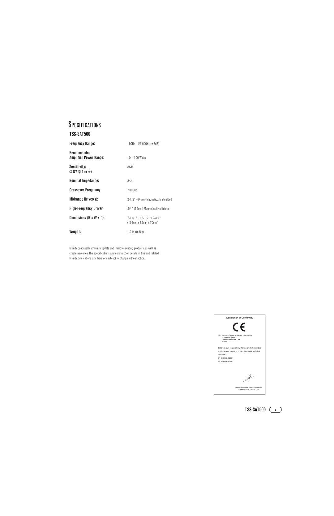 Infinity TSS-SAT500 manual Specifications 